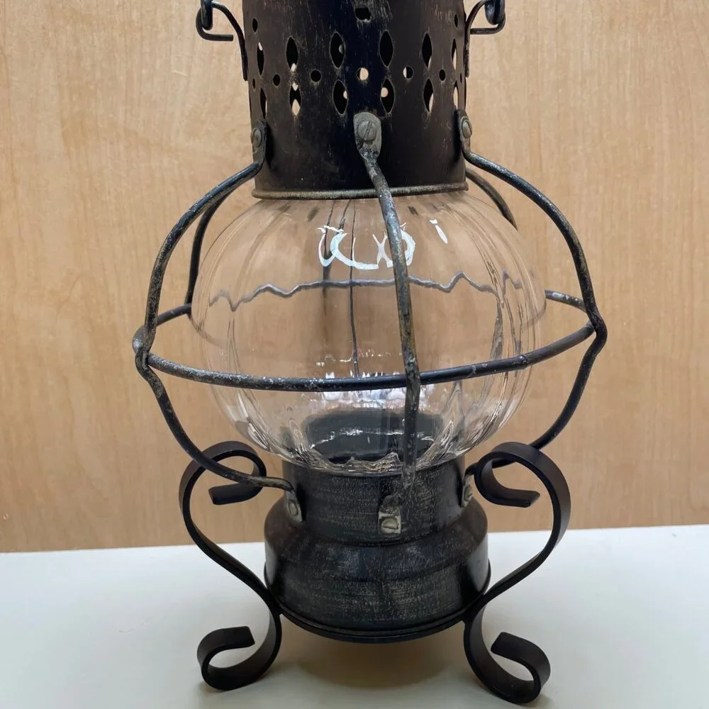 Rare Antique-Style 3 Piece Black Metal & Glass Lantern With Decorative Stand and